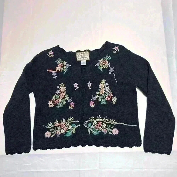 Heirloom Collectibles Black Embroidered Sequin Floral Cardigan Sweater S As Is - Picture 1 of 8